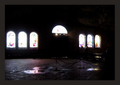 stained glass panels at the exit of the grotto